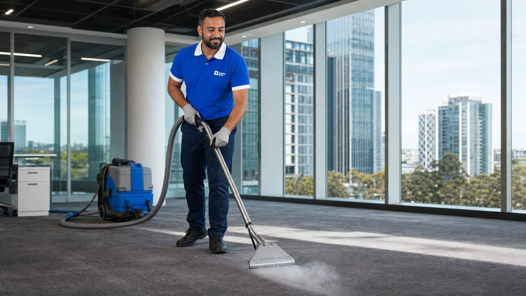 Clean Best technician extracting a traffic lane from front-office carpet in Silverwater NSW