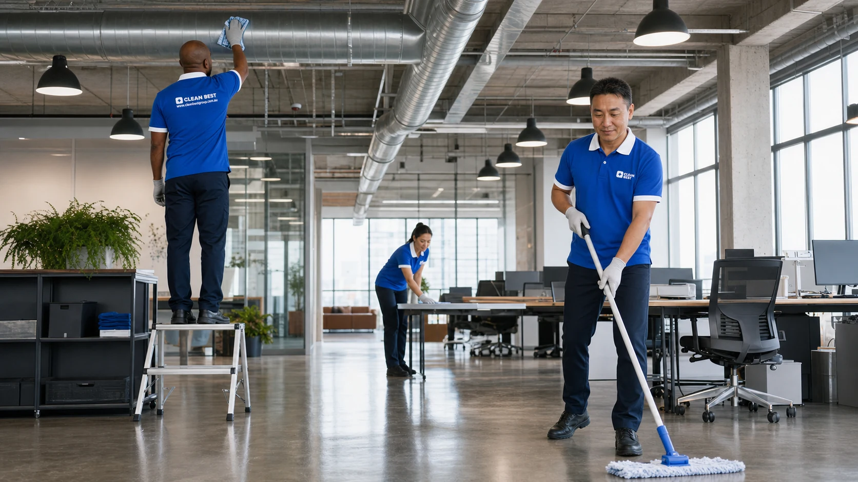 Clean Best cleaner wiping down desks in a warehouse front office in Silverwater NSW