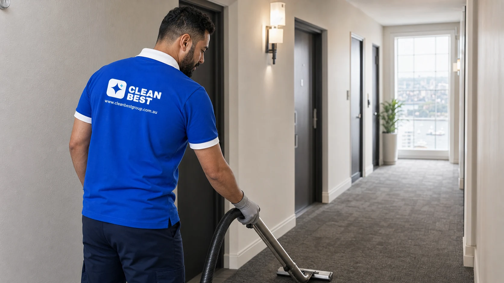 Clean Best cleaner sweeping the shared driveway of an industrial strata complex in Silverwater NSW