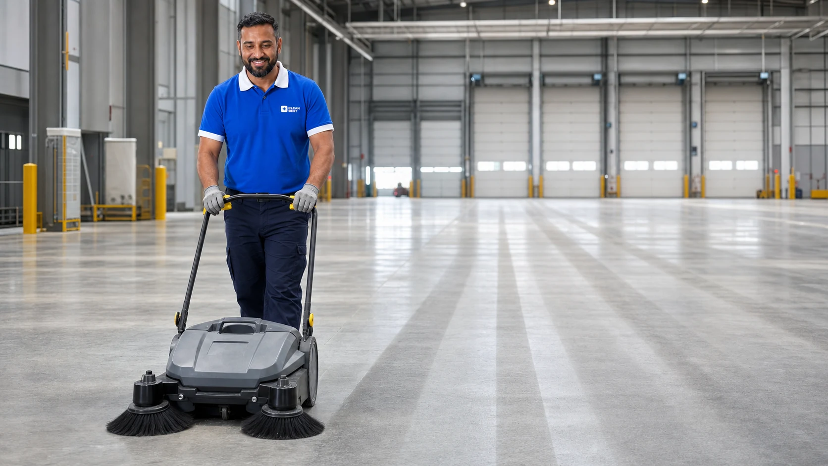 Clean Best operator machine-scrubbing a concrete warehouse slab in Silverwater NSW